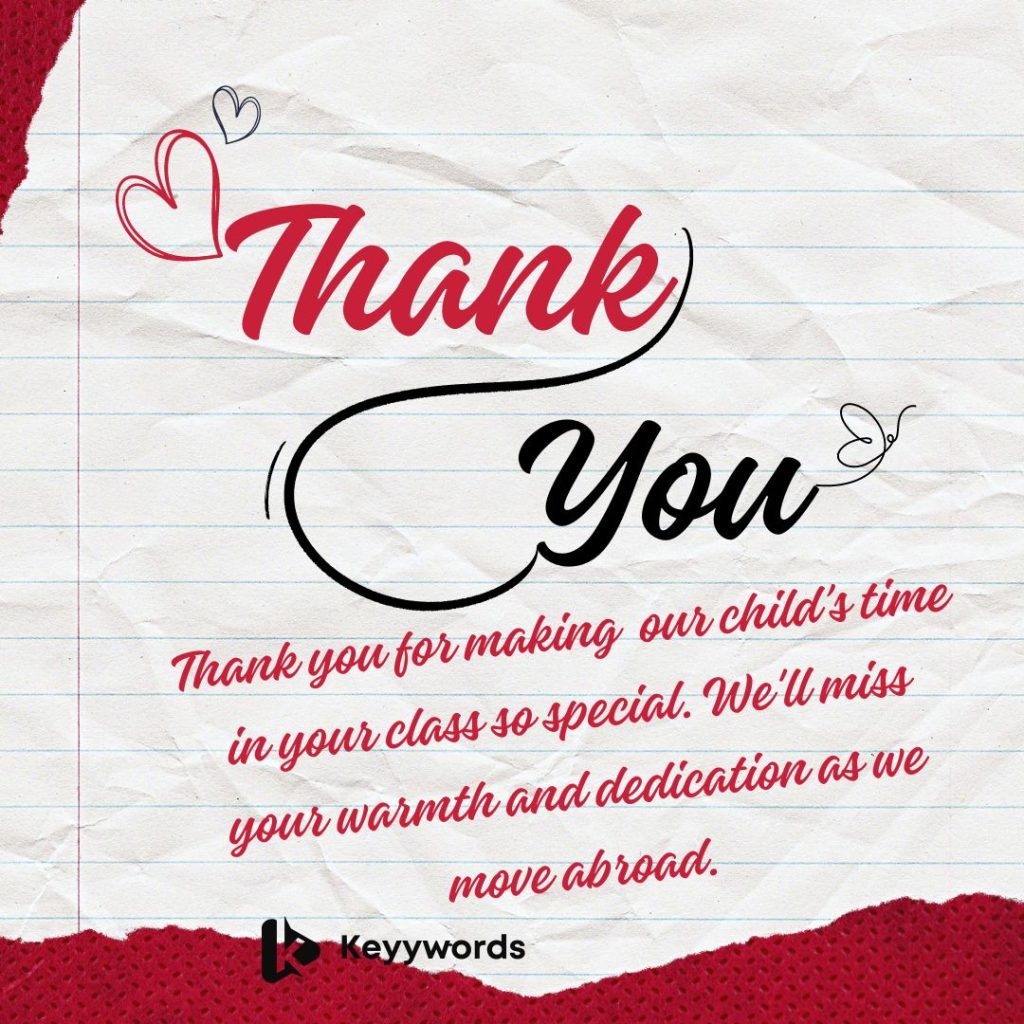 Short Thank You Note for Teacher from Parents (Moving Abroad)